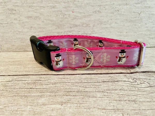 Pink Snowman Snowflake Themed Dog Collar