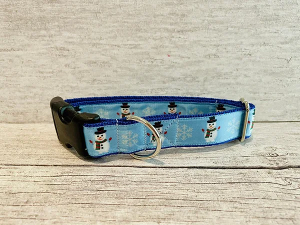 Blue Snowman Snowflake Themed Dog Collar